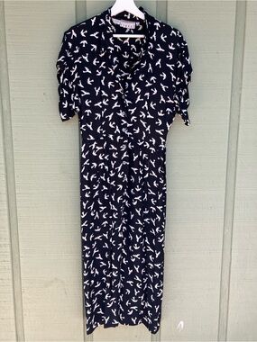 Kenar Black Jumpsuit with White Bird Print